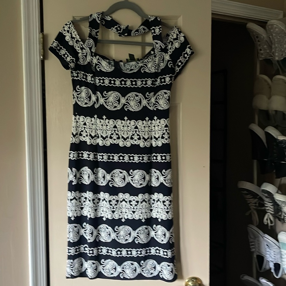 Dark blue with white detailing.